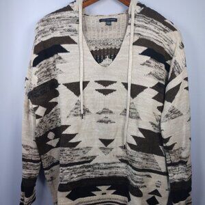 American Eagle Hooded Knit Sweater Aztec Southwestern Boho Beige Brown Blk Small